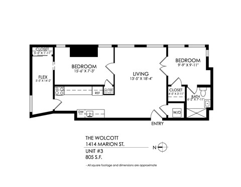 A floor plan of a one bedroom apartment with a living room and a closet.